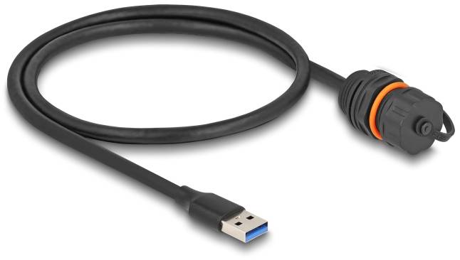 USB-Kabel mit schwarzer Ummantelung und blauem Anschluss, an einem Ende ein wasserdichter Stecker mit Kunststoffgewinde und orangefarbenem Ring.