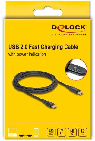 Verpackung eines USB 2.0 Schnellladekabels mit Power-Indikator, Übertragungsgeschwindigkeit 480 Mbps, PD 3.1, 140 W, Länge 1,2 m.