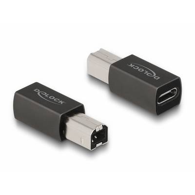 Zwei schwarze Adapter: Einer zeigt den USB-C-Anschluss, der andere den vierpoligen Stecker. Marke 'DeLOCK' sichtbar auf Gehäusen.