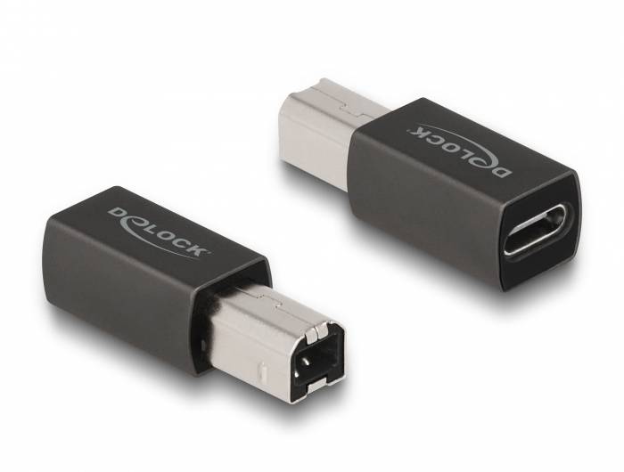 Zwei schwarze Adapter von DeLOCK. Der Adapter hat einen USB-C-Anschluss auf der einen Seite und einen anderen, quadratischen Anschluss auf der anderen Seite.