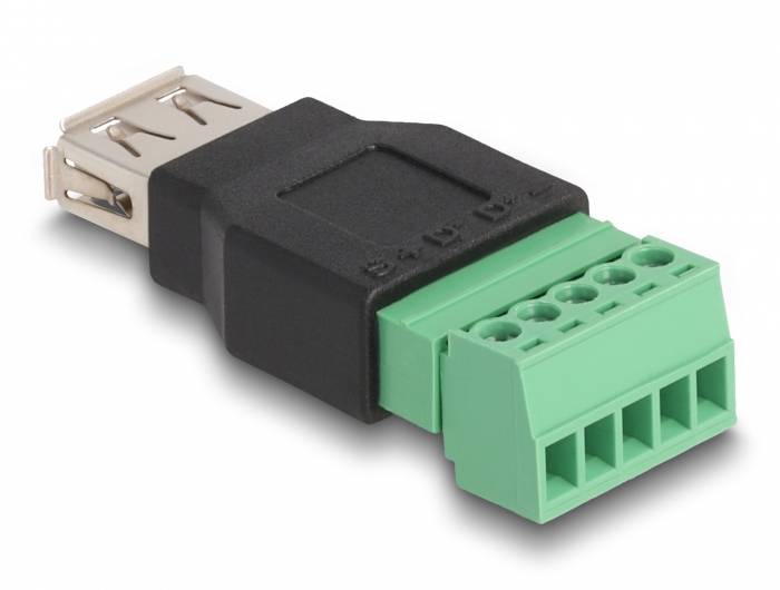 Ein USB-Adapter mit einem schwarzen und grünen Gehäuse, das vier Klemmenanschlüsse enthält.