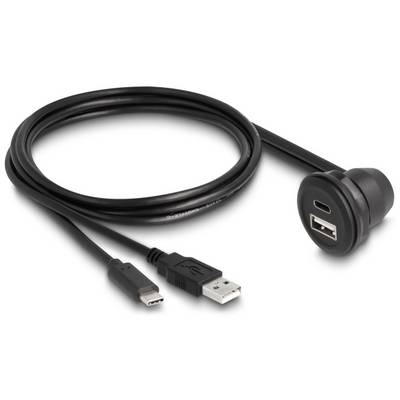 Ein USB-Adapter mit zwei Anschlüssen: einem USB-C- und einem USB-A-Anschluss, verbunden durch ein spiralförmiges Kabel.