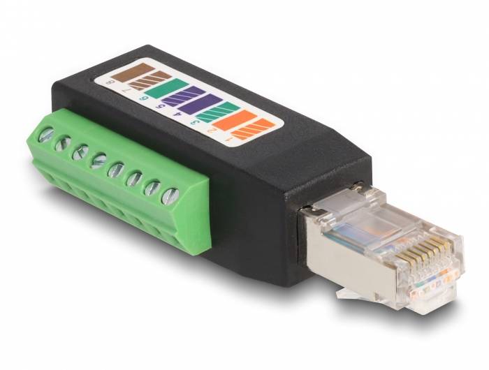 Ein Adapter mit RJ45-Stecker und grüner Klemmenleiste zeigt Farbmarkierungen, die möglicherweise Kabelverbindungen darstellen.
