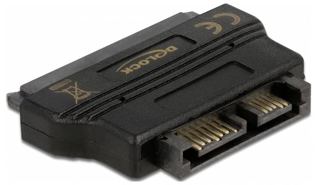 Adapter mit Anschlüssen für SATA und Strom, schwarz. Geeignet zum Verbinden von Festplatten mit Netzteil und Mainboard.