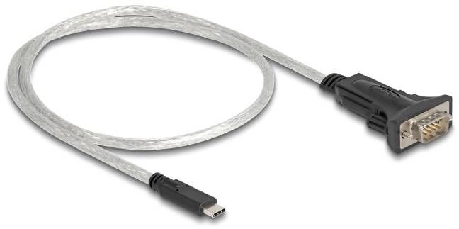 'Ein silbernes USB-C-zu-Seriell-Kabel mit schwarzem Adapter, geeignet für die Verbindung von Geräten mit unterschiedlichen Anschlüssen.'