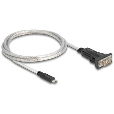 Ein durchsichtiges Kabel mit einem USB-C-Stecker auf der einen Seite und einem schwarzen VGA-Stecker auf der anderen Seite.