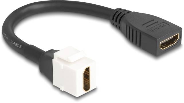 Ein kurzes HDMI-Adapterkabel mit einem weißen und einem schwarzen Stecker. Der weiße Stecker hat einen Verriegelungsmechanismus.