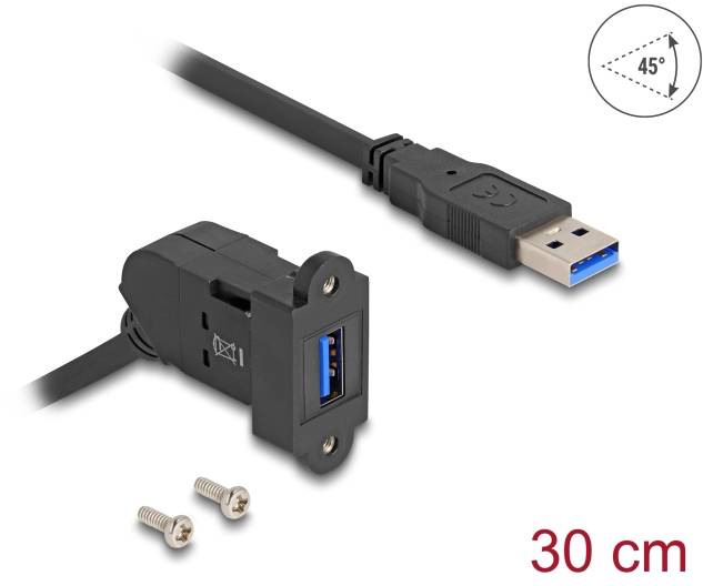 'USB 3.0 Verlängerungskabel, 30 cm, mit Befestigungsschrauben. Zeigt den Stecker und die Montagehalterung.'