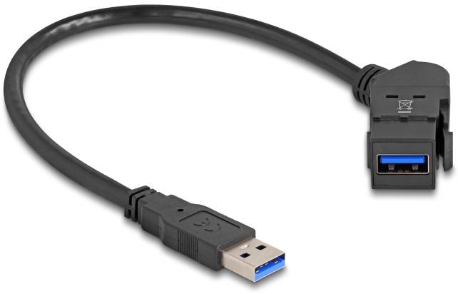 Ein schwarzes USB-3.0-Verlängerungskabel mit einem Winkelstecker auf der einen Seite und einem herkömmlichen Stecker auf der anderen Seite.