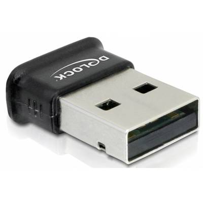 USB-WLAN-Adapter mit schwarzem Kunststoffgehäuse, der direkt in einen USB-Anschluss passt. Markenname 'Delock' aufgedruckt.