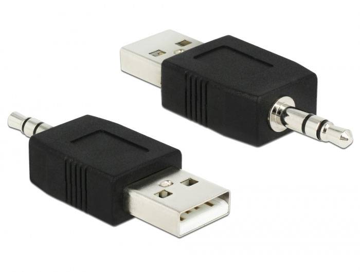 Zwei Adapter zeigen einen USB-Stecker und einen 3,5-mm-Klinkenstecker. Sie liegen nebeneinander auf einer weißen Fläche.