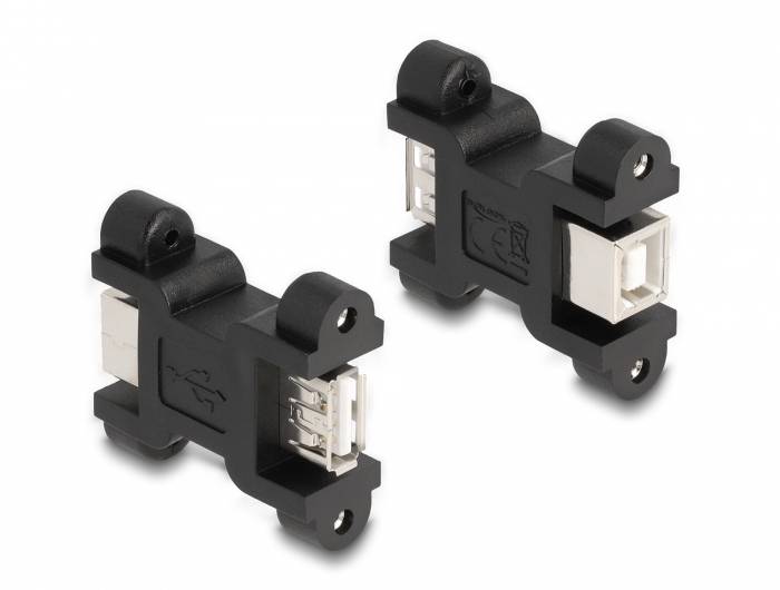 Zwei USB-Adapter mit schwarzen Halterungen und Metallanschlüssen, die zum Montieren an einer Oberfläche geeignet sind.