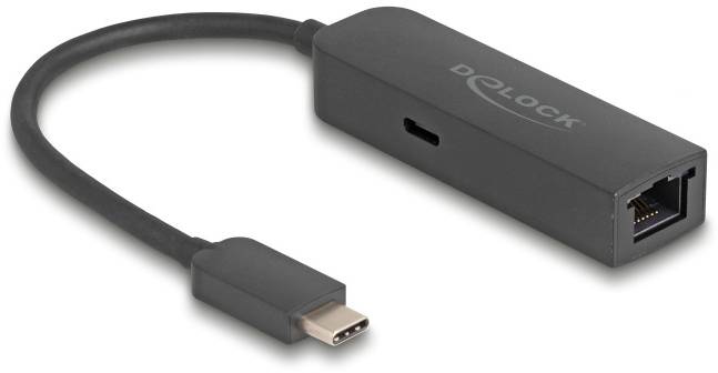 'USB-C-zu-Gigabit-Ethernet-Adapter, schwarz, mit Ethernet-Anschluss. Ermöglicht kabelgebundene Netzwerkverbindung für USB-C-Geräte.'