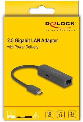 'Delock 2.5 Gigabit LAN Adapter mit Power Delivery' Verpackung, zeigt Adapterbild, unterstützt 100 Watt, PD 3.0, 2.5 Gbps.