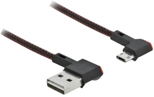 USB auf Micro-USB Kabel mit gewinkelten Steckern und geflochtenem Kabelmantel. Ideal für enge Räume und langlebige Nutzung.