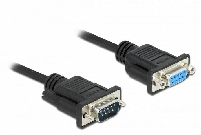 'Ein RS232-Seriell-Kabel mit männlichem Stecker links und weiblichem Stecker rechts, das für Datenübertragung verwendet wird.'