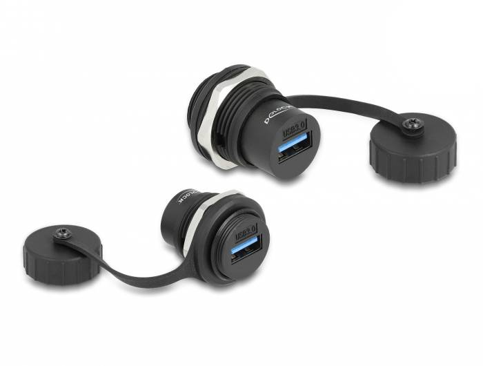 Zwei schwarze USB-Anschlüsse mit blauen Innenflächen, abgedeckt durch aufschraubbare Schutzkappen. Ideal für wetterfeste Installationen.
