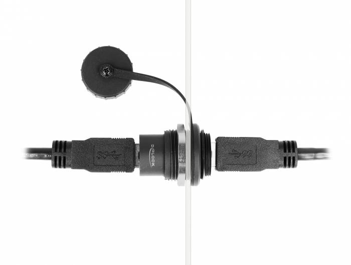 Zwei USB-Kabel sind miteinander verbunden durch eine runde, silberne Verbindungsstelle mit Schutzkappe daneben.