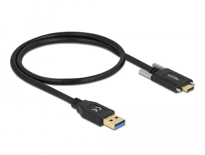 Ein schwarzes USB-Kabel mit einem USB-A-Stecker und einem Kombi-Anschluss für Micro-USB und Lightning, auf weißem Hintergrund.