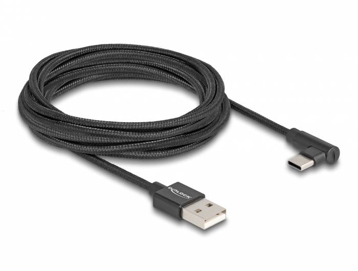 Schwarzes, geflochtenes USB-A-zu-USB-C-Kabel mit abgewinkeltem USB-C-Stecker, geeignet für Ladung und Datenübertragung.