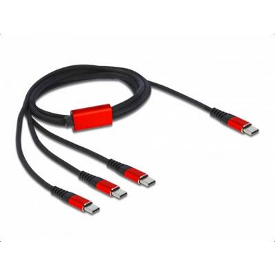USB-Kabel mit vier Ausgängen, rot-schwarze Stecker. Geeignet für gleichzeitiges Laden mehrerer Geräte.