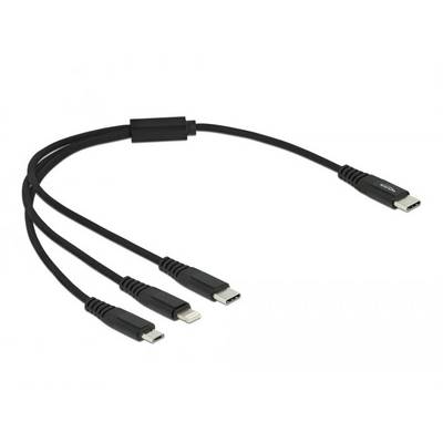 Ein USB-Kabel teilt sich in drei verschiedene Anschlüsse: USB-C, Micro-USB und Lightning. Ideal für mehrere Gerätetypen.