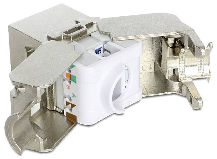 'Metallisiertes Modul zum Anschluss von Netzwerkkabeln, zeigt farbcodierte Klemmen für die Kabelverbindung.'