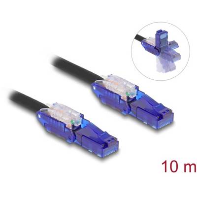 Zwei blaue Ethernet-Kabelstecker auf schwarzem Kabel, Länge 10 Meter. Oben rechts eine Nahaufnahme des Steckers.