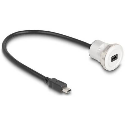 Ein schwarzes USB-Kabel mit einem Mini-USB-Stecker an einem Ende und einem runden, weißen Gehäuse am anderen Ende, vermutlich ein Adapter.