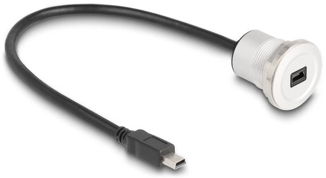 Ein schwarzes USB-Kabel mit einem Mini-USB-Stecker an einem weißen Montageadapter, der für den Einbau in Schalter- oder Buchsenfelder geeignet ist.