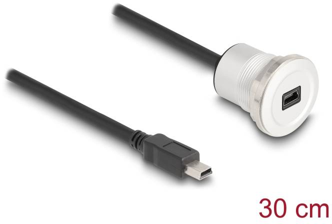 USB-Kabel, 30 cm lang, mit USB-A-Stecker auf microUSB-Anschluss in einer weißen Einbaubuchse.