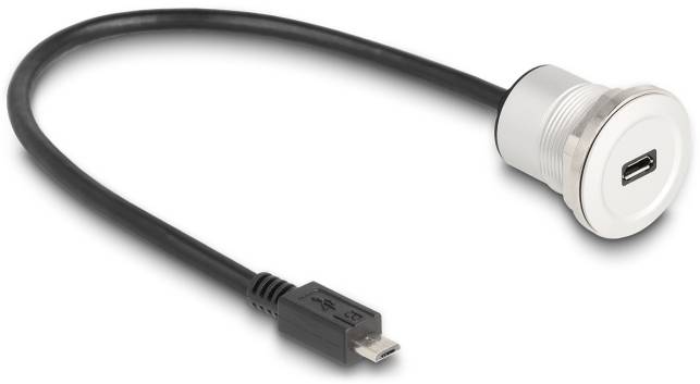 Ein schwarzes USB-Kabel mit einem USB-Stecker auf der einen Seite und einem runden, silberfarbenen Adapter auf der anderen Seite, geeignet für Verbindungen.