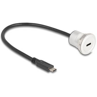 USB-C-Kabel mit schwarzem Kabel und weißem Adapter, zum Anschließen von Geräten oder zum Aufladen geeignet.