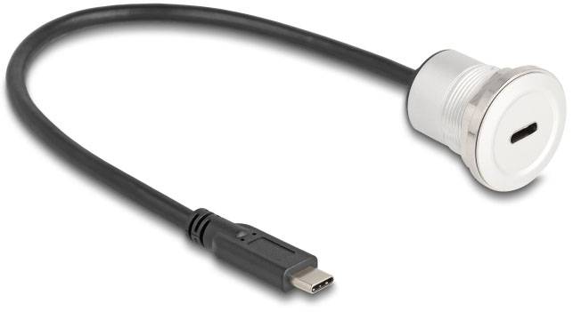 USB-C auf Einbaubuchse-Adapterkabel, circa 30 cm. Schwarzes Kabel mit USB-C-Stecker und weißer Einbaubuchse für Panelmontage.