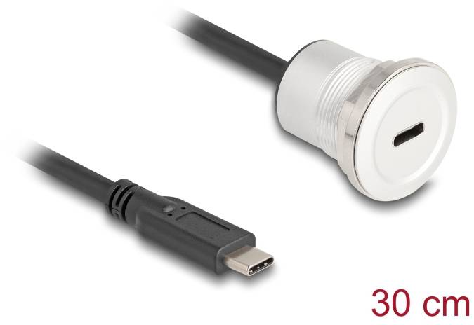 'USB-C Buchse mit 30 cm Kabel, geeignet für den Einbau in Geräte oder Möbel, bietet eine praktische Lade- oder Datenverbindung.'