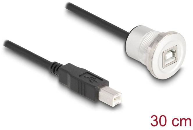 'USB-B-Kabel auf Einbaubuchse, 30 cm Länge. Schwarzes Kabel verbunden mit silberner Frontplatte für feste Montage, USB 2.0 Standard.'