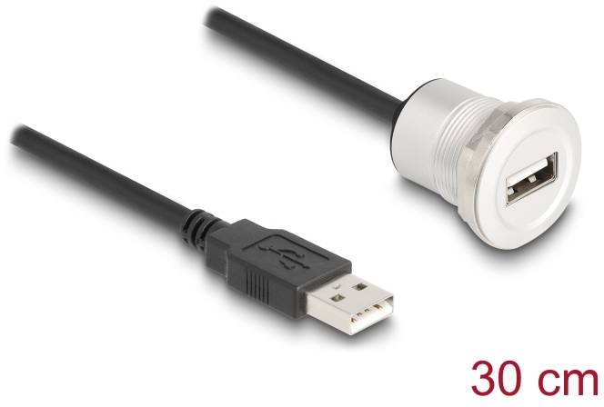USB-Verlängerungskabel, 30 cm lang, schwarzes Kabel mit einem Standard-USB-Anschluss und einer runden Halterung am anderen Ende.