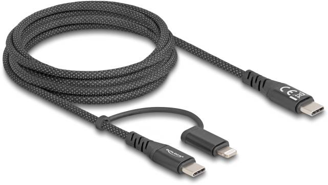 Schwarzes USB-C-Kabel mit Nylonummantelung und Adapter für Lightning-Anschluss, geeignet für Laden und Datenübertragung.