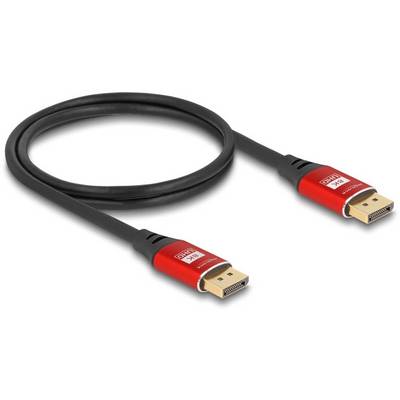 Ein schwarzes HDMI-Kabel mit roten Steckern an beiden Enden, geeignet für die Übertragung von Audio- und Videosignalen.
