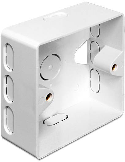 Leere weiße Kunststoff-Hohlwanddose mit mehreren vorgestanzten Öffnungen zur Aufnahme von Kabeln oder Leitungen in einer Wandmontage.