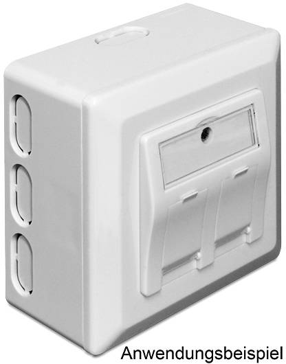Ein weißer, rechteckiger Wandschalter mit zwei Kippschaltern und einem transparenten Fenster darüber, Beschriftung 'Anwendungsbeispiel'.