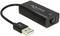 Ein schwarzer USB-Adapter mit Ethernet-Anschluss, beschriftet mit 'DELOCK'. Verbindet USB-fähige Geräte mit einem Netzwerk über Ethernet.
