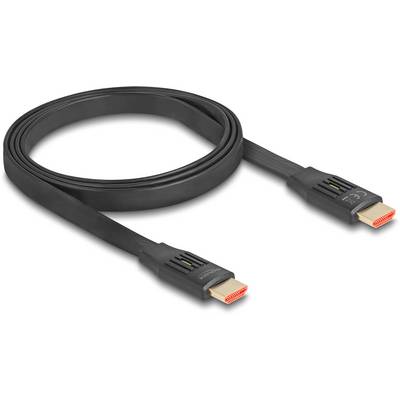 Ein flaches, schwarzes HDMI-Kabel mit zwei Steckern an den Enden. Es dient zur Übertragung von Video- und Audiosignalen.