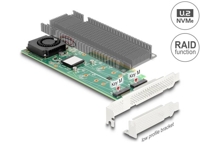 'Erweiterungskarte für NVMe U.2 mit RAID-Funktion, zwei PCIe-Steckplätze, Kühlkörper und Low-Profile-Halterung.'