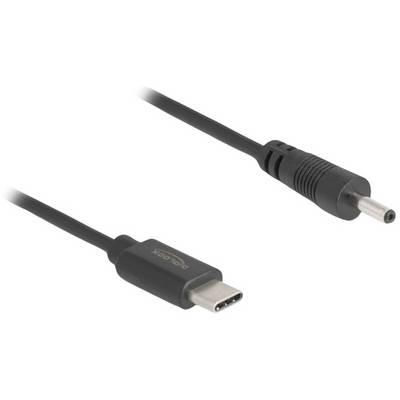 Zwei Kabelanschlüsse: links ein USB-C-Stecker, rechts ein runder DC-Stecker, beide auf einem grauen Hintergrund.
