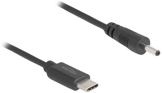 'USB-C-zu-DC-Kabel mit schwarzer Ummantelung, zeigt USB-C-Stecker und DC-Anschluss. Geeignet zum Laden oder für Stromversorgung.'