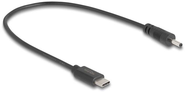 USB-C-auf-DC-Adapterkabel, schwarz, zeigt USB-C-Stecker auf linker Seite und DC-Stecker auf rechter Seite, zur Stromversorgung.