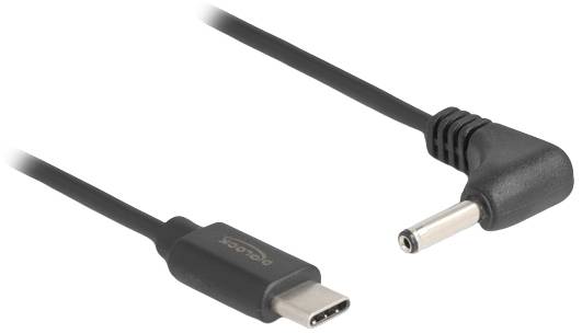 USB-C-zu-DC-Netzkabeladapter ohne Verpackung, mit schwarzem Kabel und Steckern aus Metall und Kunststoff. Minimalistisches Design.