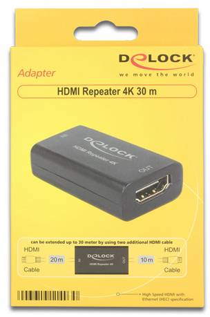 'DELOCK HDMI Repeater 4K 30 m' Adapter für HDMI-Kabelverlängerungen, bis zu 30 m mit zwei HDMI-Kabeln. Verpackung zeigt Gerät.