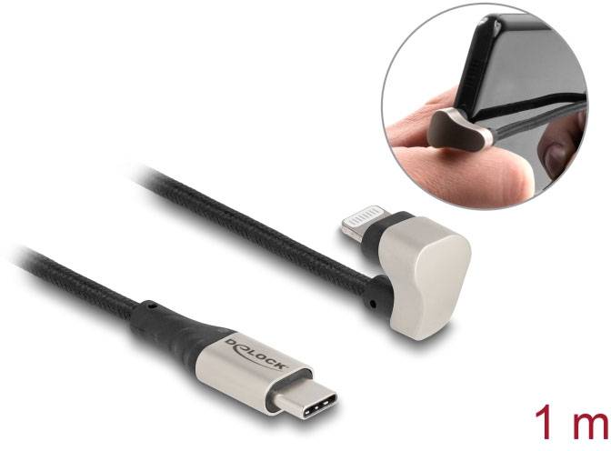 USB-C auf Lightning Kabel von Delock, Länge 1 m, detailreicher runder Anschluss im Einsatz an einem Smartphone, robuste Bauweise.